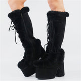 Solid Color Fur Chunky High Heel Boots