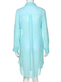 Semi-Sheer Side Slit Curved Hem Chest Pocket Classic Collar Thigh-Length Beach Blouse