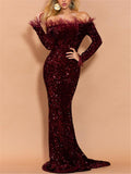 Gorgeous Sequined Off Shoulder Sweep Train Dress for Evening Party