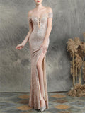 Gorgeous Off the Shoulder High Slit Sequin Evening Gown Dress