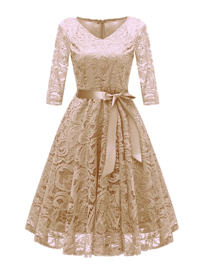 Elegant 3/4 Sleeve 1950s Lace Floral Midi Spring Dress