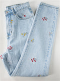 Campus Style Lovely Small Floral Embroidery Slim Fit Light Blue Denim Jeans for Women