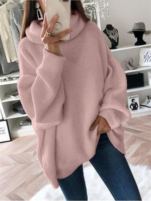 Oversized High Neck Solid Collar Long Sleeve Ribbed Knit Sweater