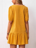 Linen Cotton Round Neck Pullover Solid Elastic Waist Female Dresses