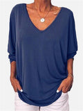 Oversized V Neck Solid Color 3/4 Sleeve Back Button Up Shirt & Tops