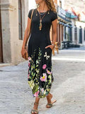 Round Neck Short Sleeve Pocket Floral All-Over Print Curved Hem Dress