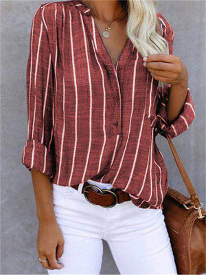 Fashion Simple Pinstripe V Neck Long Sleeve Button Shirts for Women