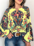 Distinctive Retro Style Printed Round Neck Long Lantern Sleeve Blouse