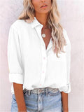 Casual Fit Solid Color Button Up Lapel Collar Long Sleeve Blouse