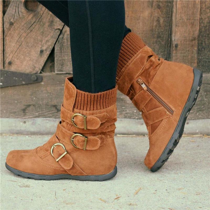 Cushioned Low-Calf Knitted Fabric Zipper Buckled Slip On Boots