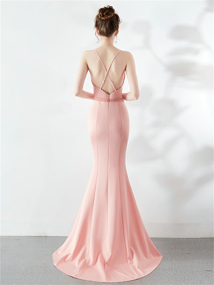 New Sexy Fashion Soft Satin Strap Backless Maxi Evening Dresses