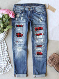 Stylish Mid-Rise Button Up Ripped Plaid Washed Effect Denim Trousers