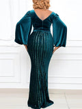 High Waist Slit Puff Sleeve Sequined Evening Dresses