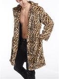 Stylish Jacquard Leopard Print Knee-Length Coat With Lapel Collar