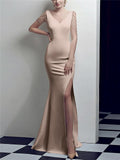 Gorgeous V Neck Thigh High Slit Pink Evening Dress