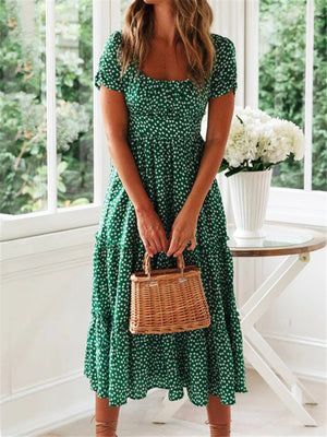 Square Neck Floral Puff Sleeve Long Dresses