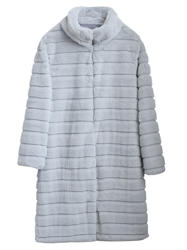 Stylish Striped Stand Collar Women's Comfy Mid-Length Fuzzy Coat