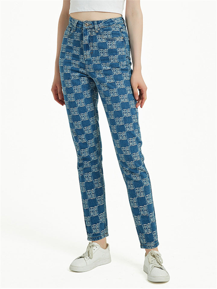 Street Style Plaid Harem Pants Fashion Denim Jeans for Women