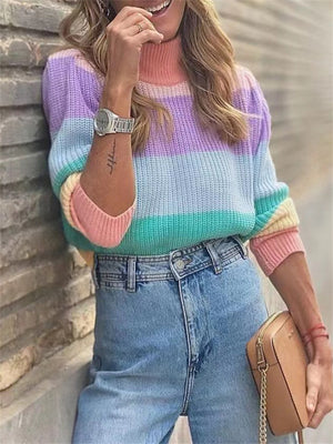 Casual Contrast Color Turtle Neck Sweaters