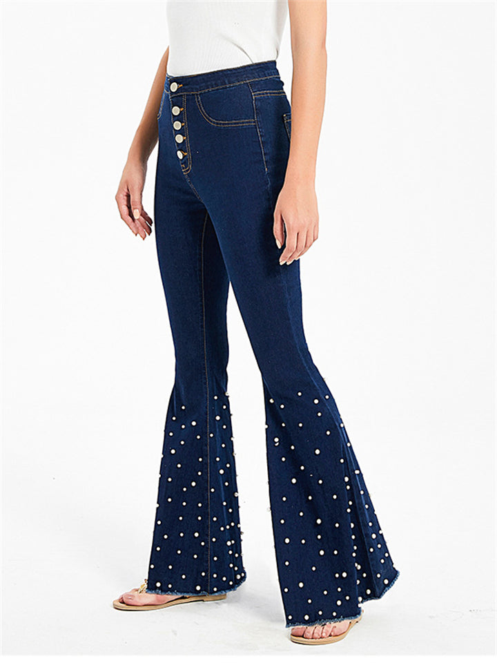 Pretty White Pearl Grace Women Bell Bottom Denim Jeans for Autumn Winter