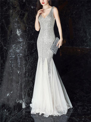 Stunning V Neck Backless Mermaid Formal Attire for Women