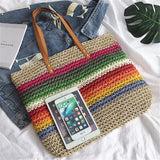 New Casual Rainbow Color Straw Handbags Large Capacity Beach Bag