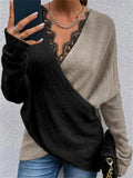 Women's Elegant Lace V Neck Cross Contrast Color Pullover Sweaters