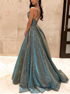 Women's Fitted Waist Sexy Backless Shining Strappy Prom Dress