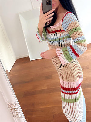 New Stylish Multi Striped Hollow Out Bodycon Long Crochet Dresses