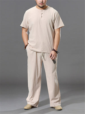 Men's Casual Loose Plus Size Cotton Linen Sets Short-Sleeved T-Shirt + Trousers