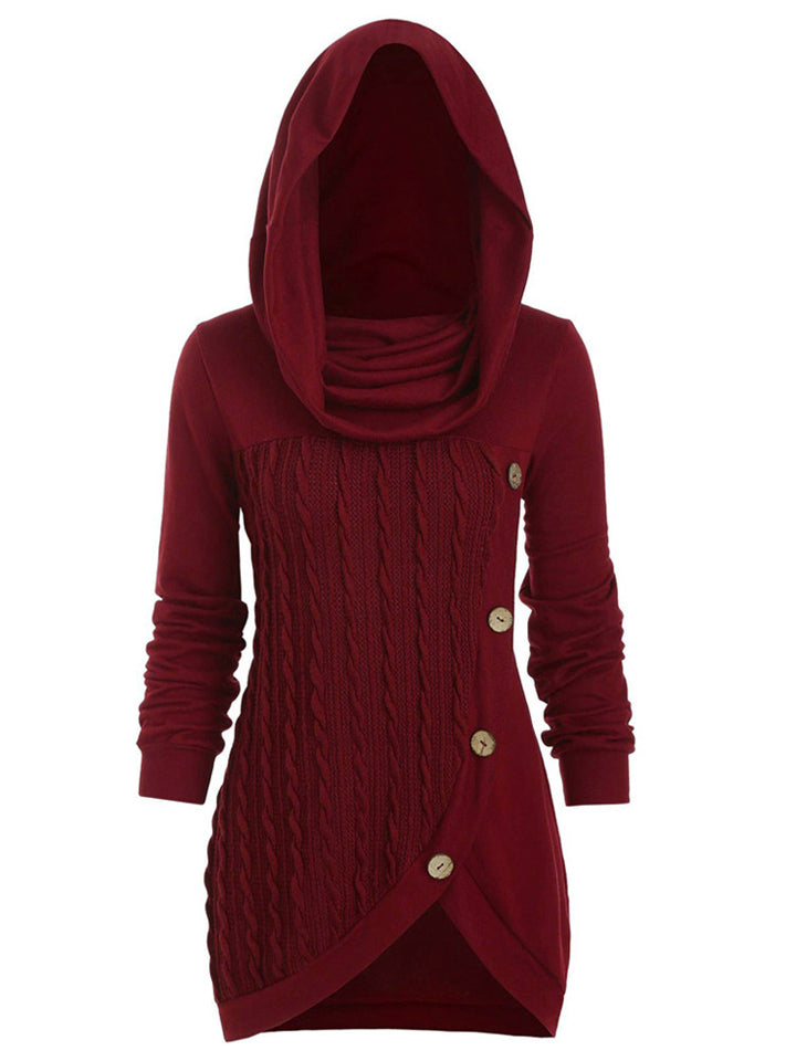 Casual Button Deco Knitted Irregular Hem Hooded Sweater