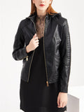 Women's Cool Hooded PU Leather Jacket with Warm Lining