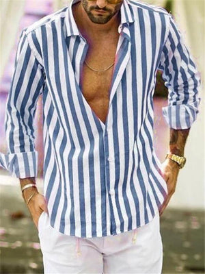 Men's Casual Fashion Button Up Long Sleeve Striped Shirts