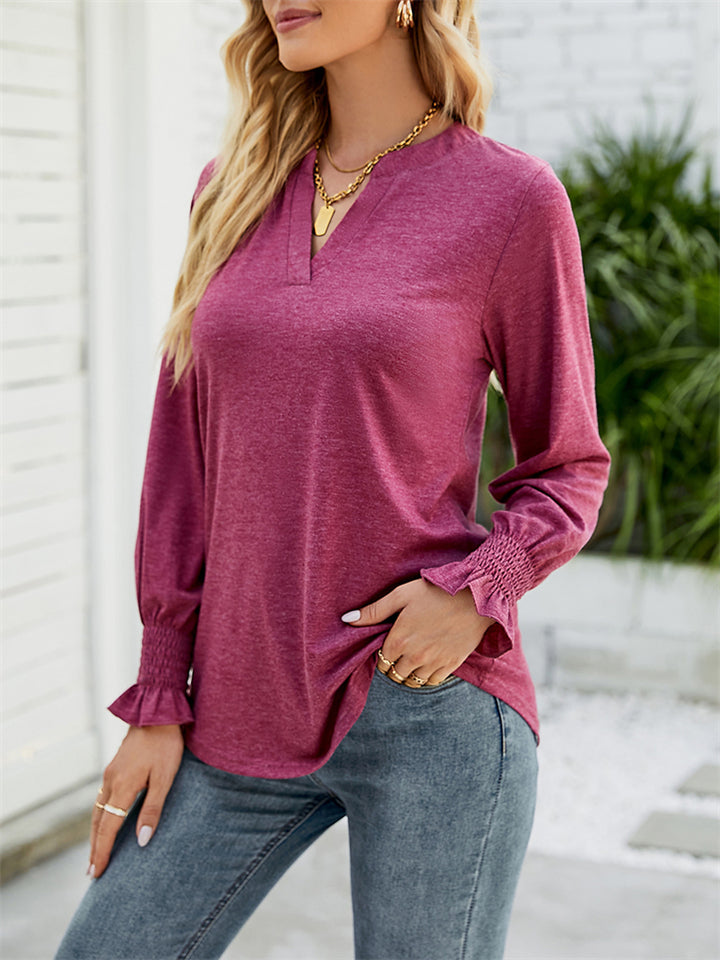 Casual Solid V Neck Lotus Leaf Sleeve Long T-shirts For Women