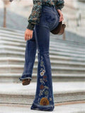 Slim Fit Floral Embroidery Bell Bottom Denim Pants