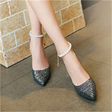 Female Metal White Pearl Chain Pointed Toe Shining Stiletto