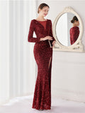 Graceful Long Sleeve Solid Color Sequins Fishtail Split Evening Dresses