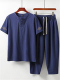 Men's Comfy Oversize Solid Color 2-Piece Outfit Retro Button T-Shirt + Drawstring Pants