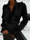 Solid Color Ruffle Collar Pleated Design Long Sleeve Chiffon Blouse