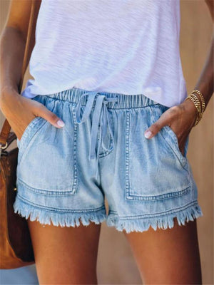Trendy Elastic Waist Frayed Hem Drawstring Pocket Shorts