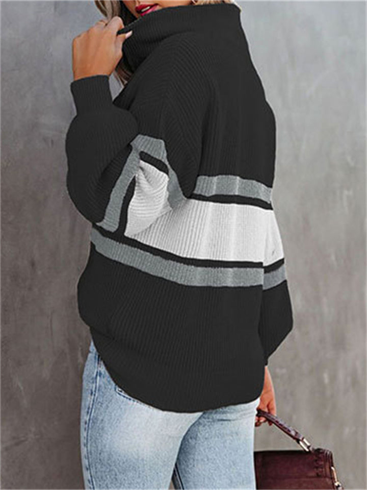 Women's Fashion Solid Stripe Knitted Lapel Sweaters