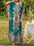 Blue Short Sleeve V-Neck Floral Moo Moo Dress
