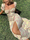 Fashionable Sweetheart Short Sleeve High Slit Floral Maxi Dress