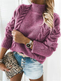 Casual Twisted Solid Color High-Neck Long-Sleeved Knitted Sweater