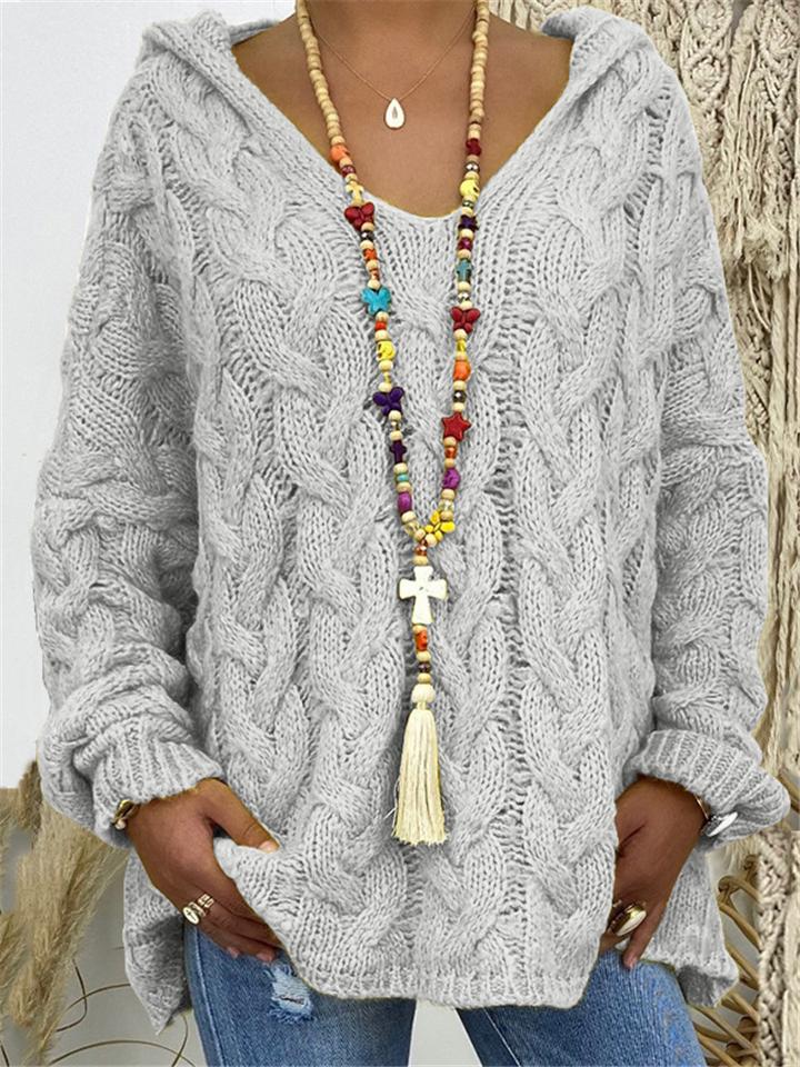 Loose Comfy Cable Knit Pullover Hooded Sweater for Women