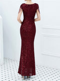 V-Neck Short Sleeve Graceful Slim Sequins Solid Color Long Evening Dresses