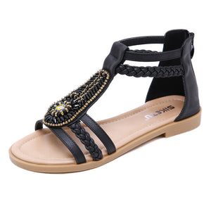 Vintage Beaded Rhinestones Decorated Flat Heel Sandals for Women