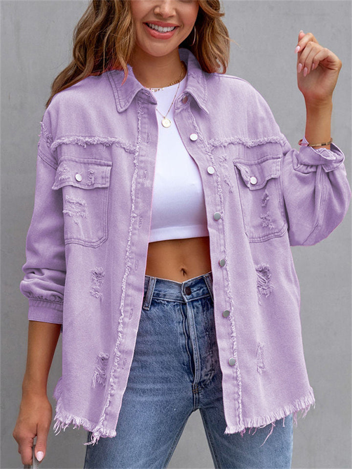 Sweet Candy Color Ripped Raw Edge Female Trendy Denim Jacket