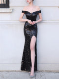 Stunning Sequined Backless Thigh High Slit Dress for Evening
