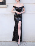 Stunning Sequined Backless Thigh High Slit Dress for Evening